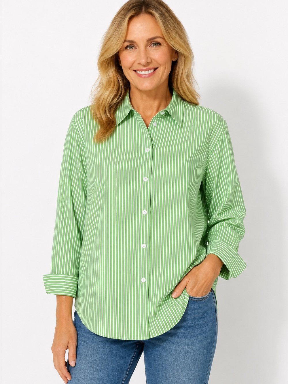 Foxcroft Women’s Size 12 Green Striped Wrinkle Free Button-Down Shirt Preppy